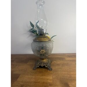 Antique Oil Lamp Frosted Floral Glass Brass Ornate Base Victorian Hurricane Lamp